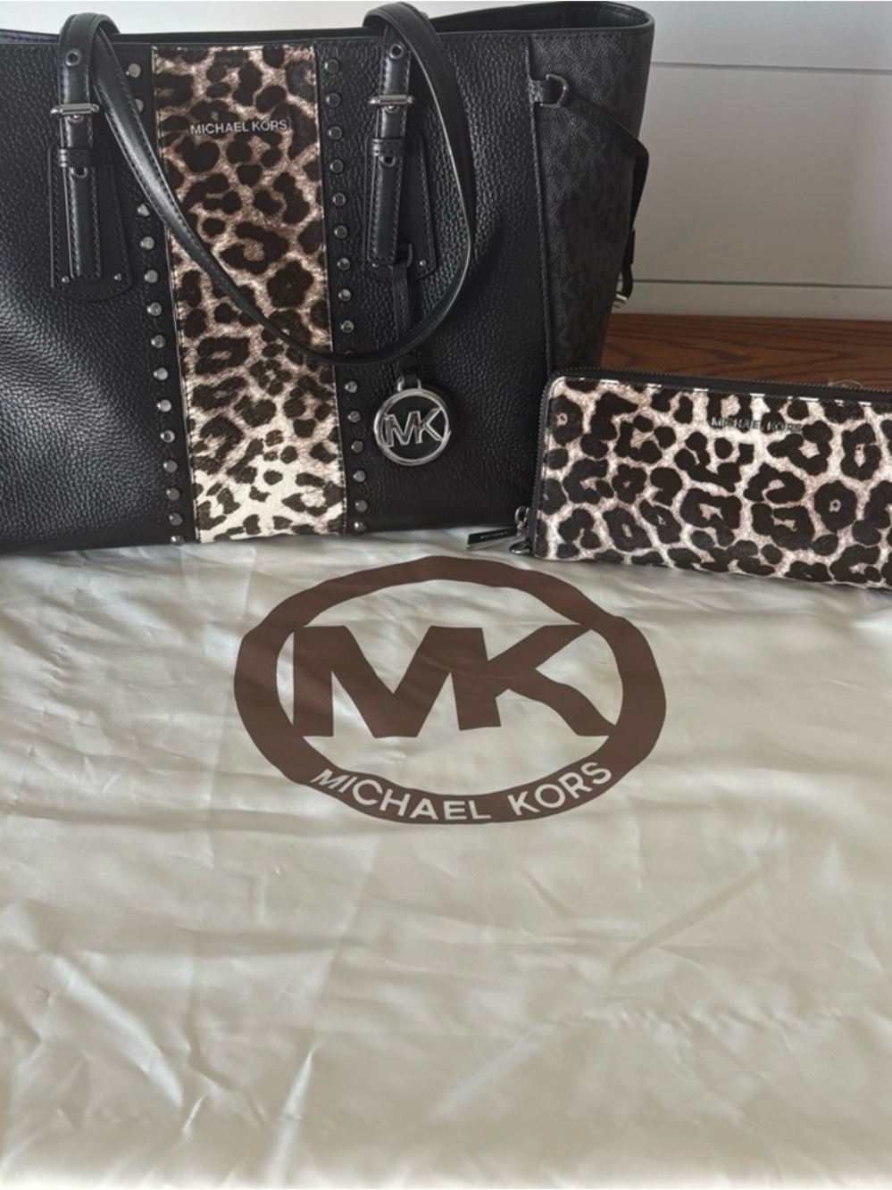 Michael Kors Black Tote with Leopard Accent and Matching Wallet